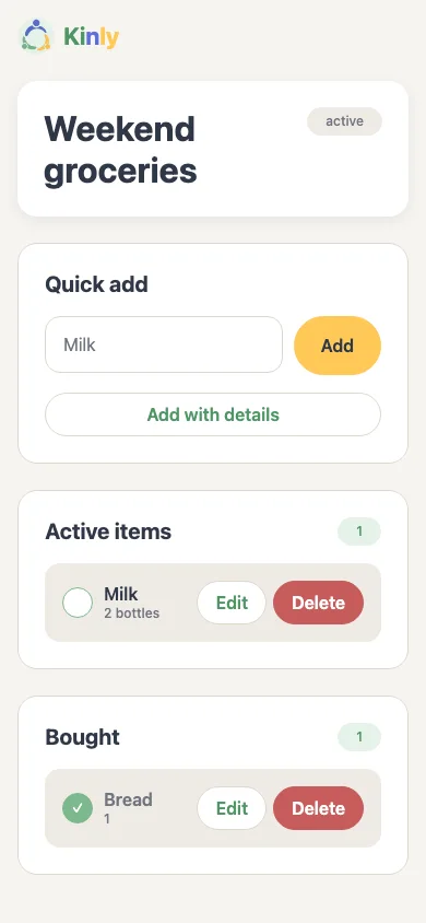 Kinly shopping-list screen showing needed and bought items.