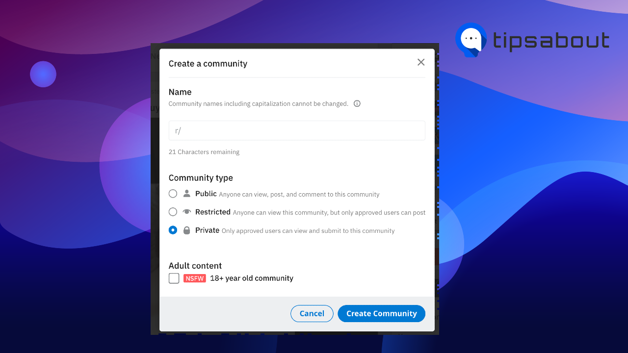 Create a community option on Reddit