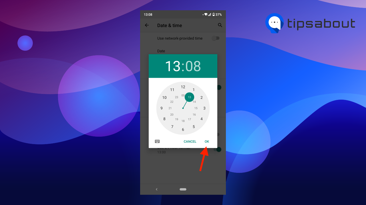 Change the time using the clock field and tap ‘OK’