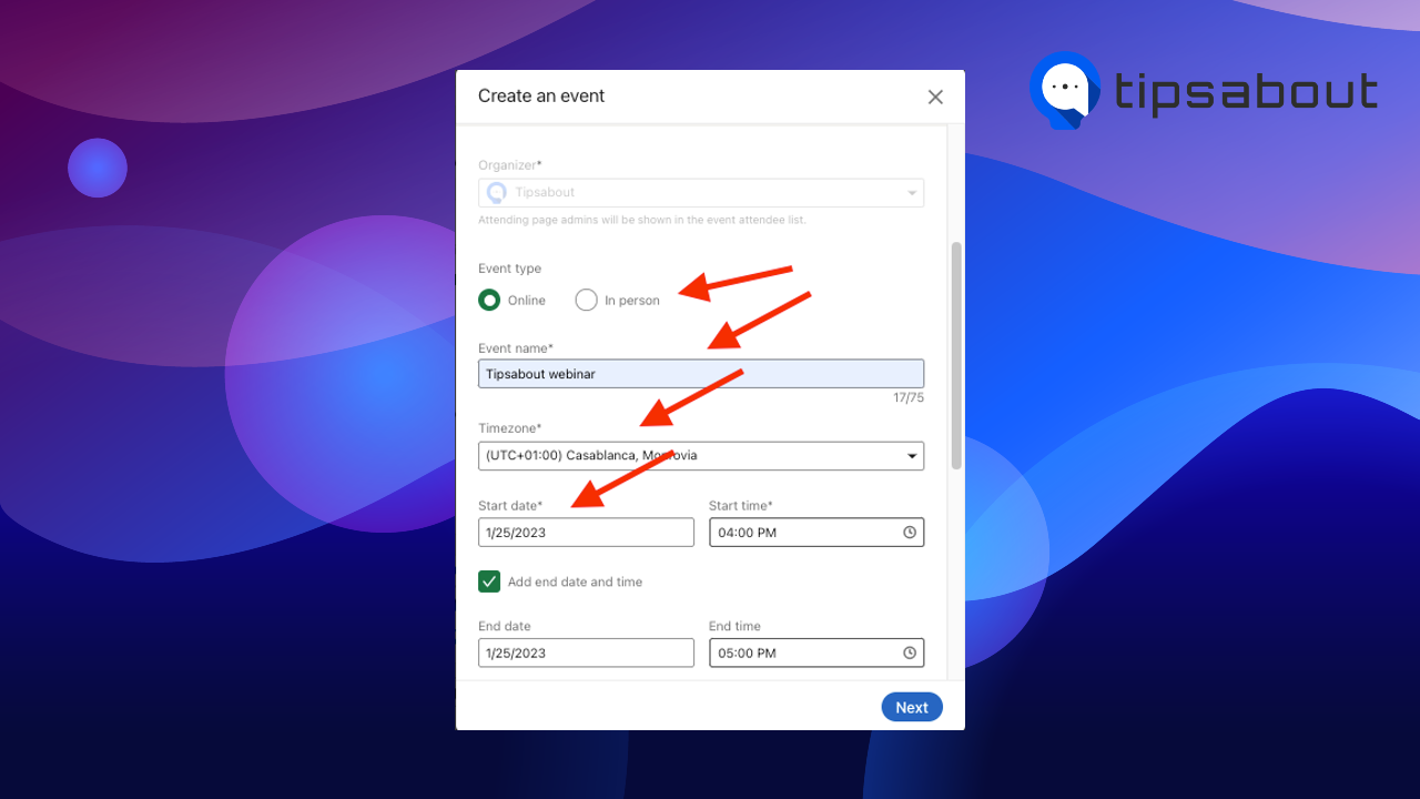 Enter Event type; Event name; Time zone; Time and date;