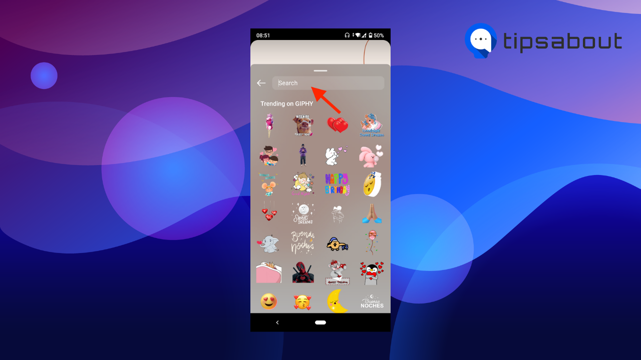 In the search bar, enter the Instagram sticker names.