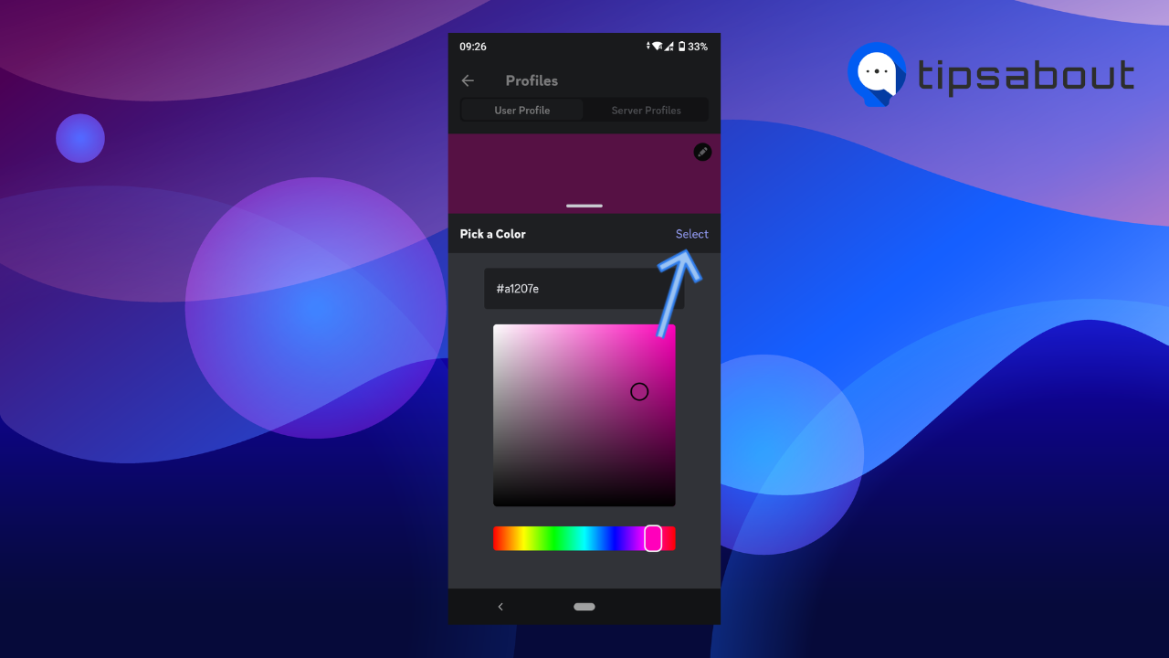  pick a color from the palette or use the hex code field to enter a color. Tap on 'Salect.'