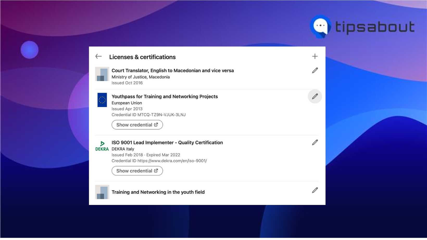 Licenses & certifications option on LinkedIn desktop