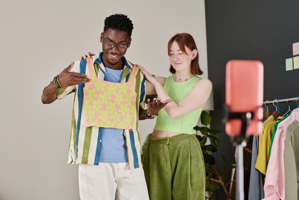 couple trying on new clothes 