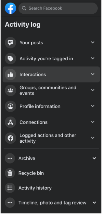 facebook interatction menu