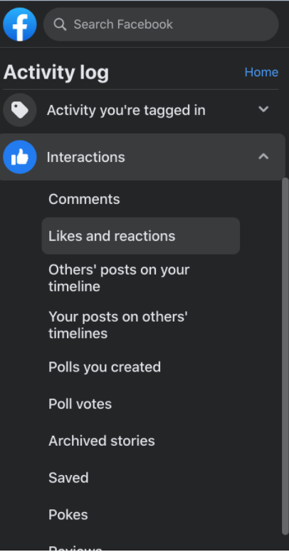 Facebook likes and interactions menu