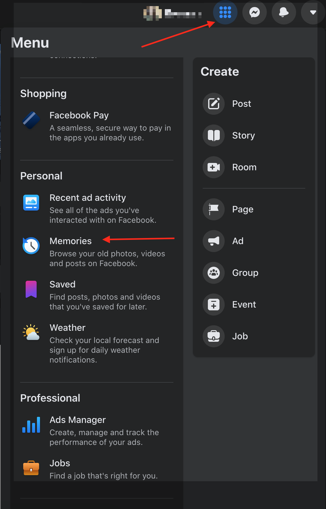 facebook menu desktop