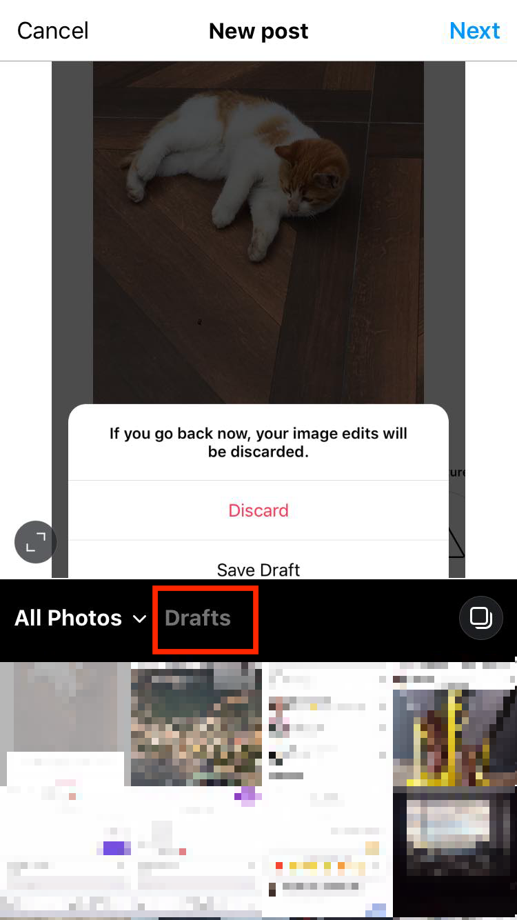instagram drafts section