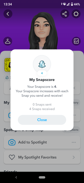 A pop-up window with the Snap Score