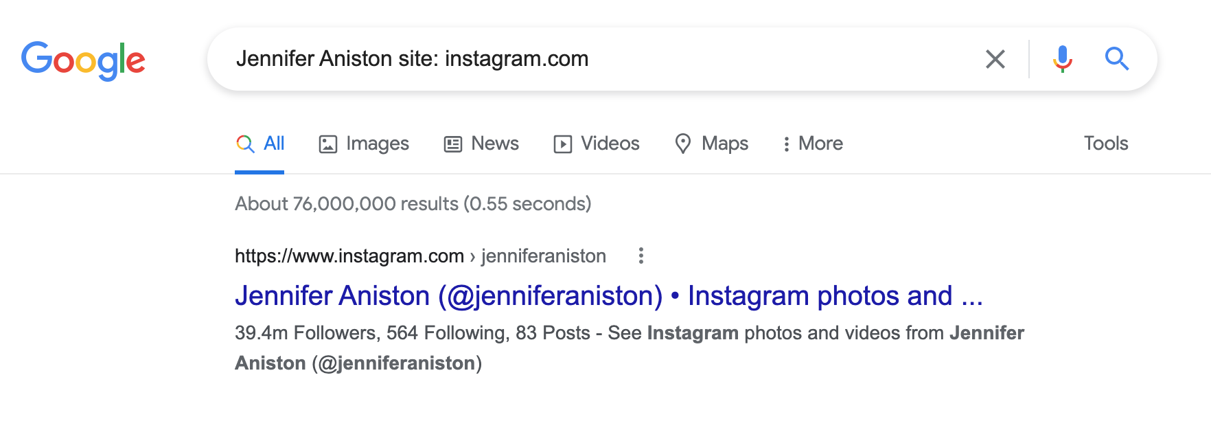 SERP for Jennifer Aniston instagram accounts 
