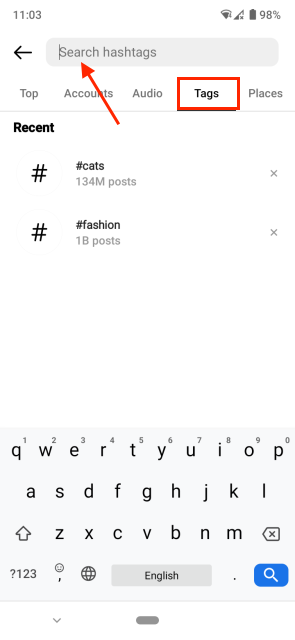 Search for hashtags