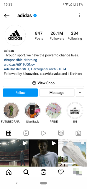 Adidas Instagram profile