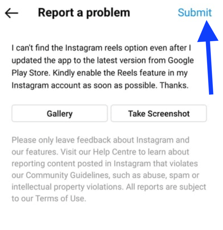 Report a problem to Instagram