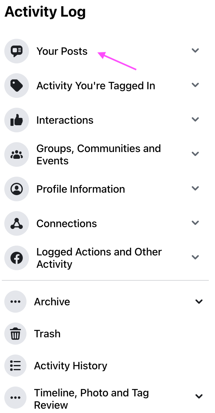 Activity Log options - Facebook