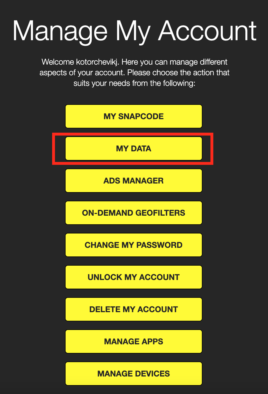 Manage my account > My data