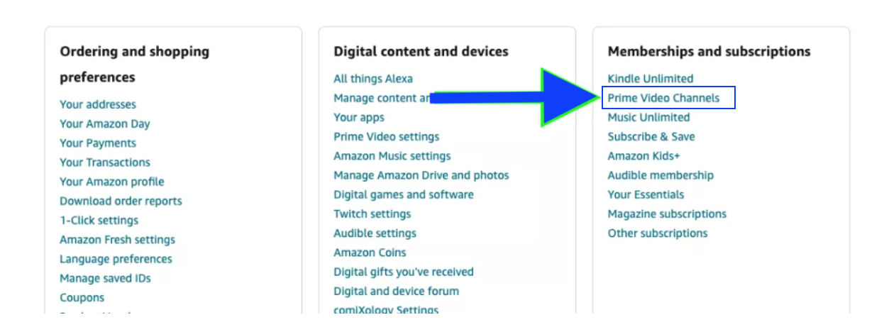Prime Video Channel - Amazon options