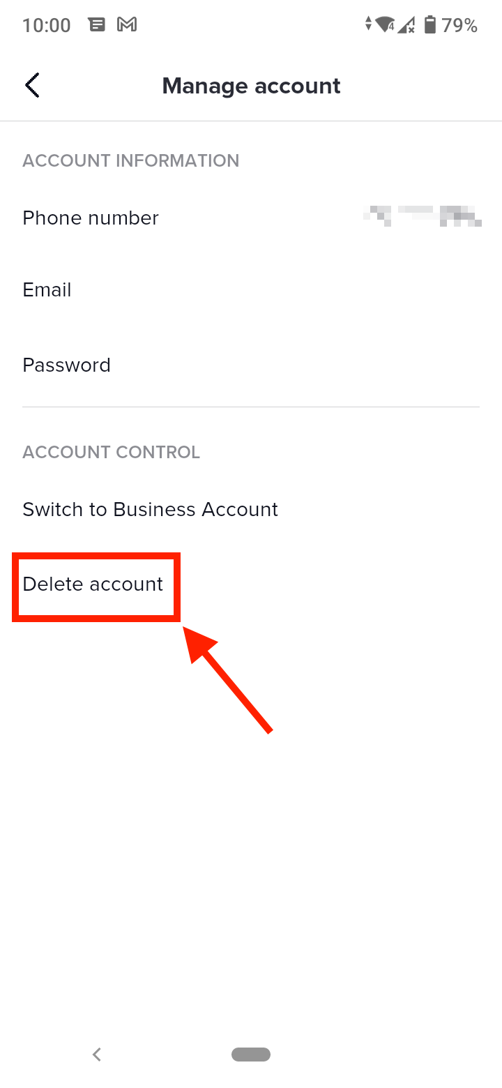 Manage account > Delete account