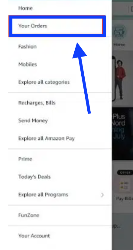 Your orders option - Amazon mobile app