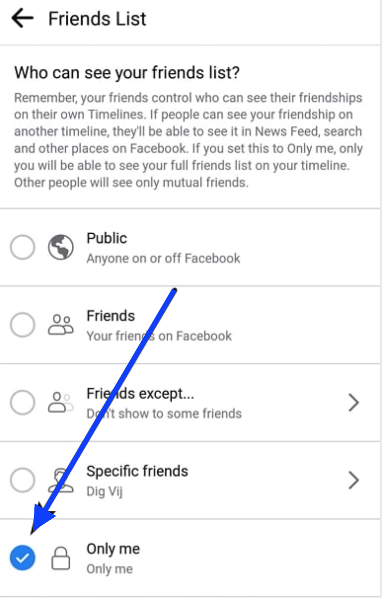 Only me option - Facebook app