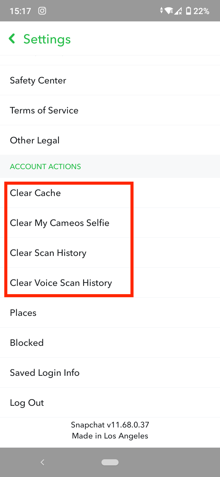 Clear Cache, Clear My Cameos Selfie, Clear Scan History and Clear Voice Scan History