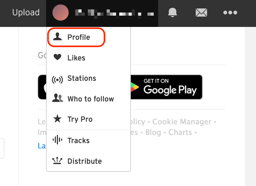 soundloud profile menu option