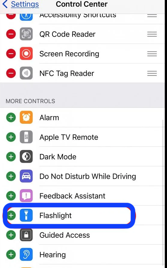 iPhone's flashlight - Control center