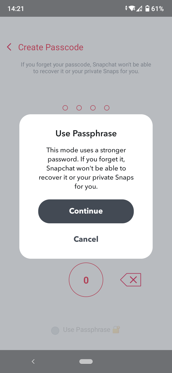 snapchat enter passphrase