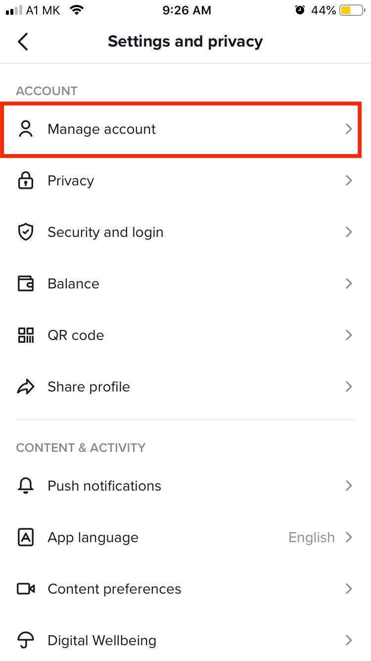 TikTok manage account