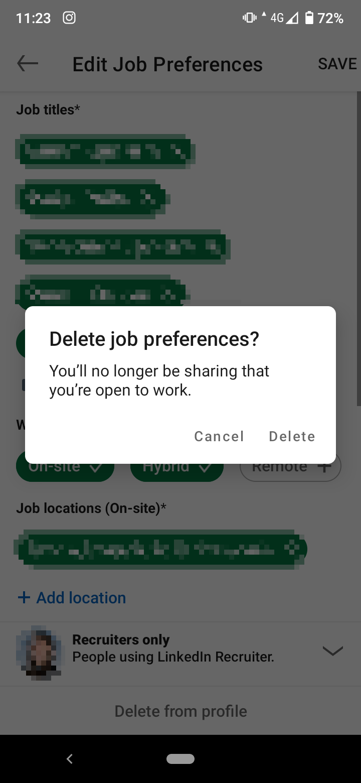 Delete 'Open to Work' from profile