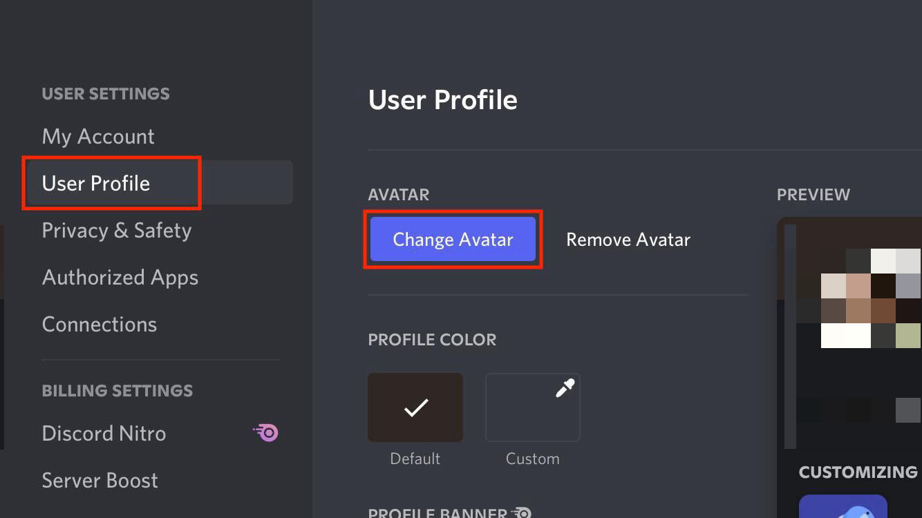 discord user profile and change avatar option