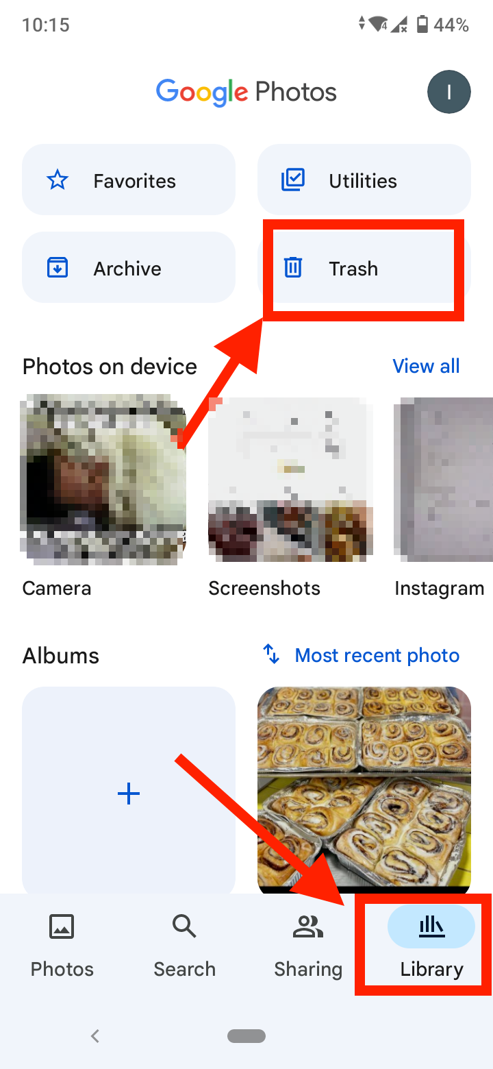 Tap on 'Library' then 'Trash'