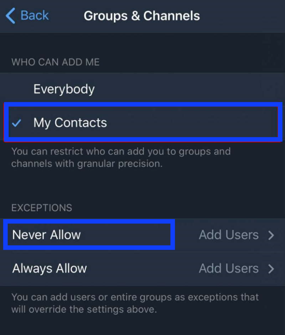 Never Allow option - Telegram