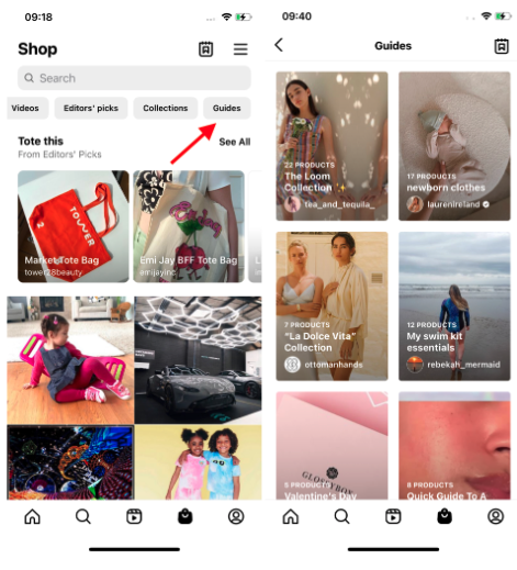 Guides in Shop tab on Instagram