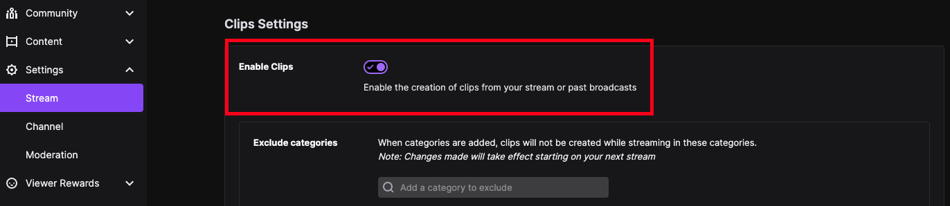 Clip settings > Enable clips
