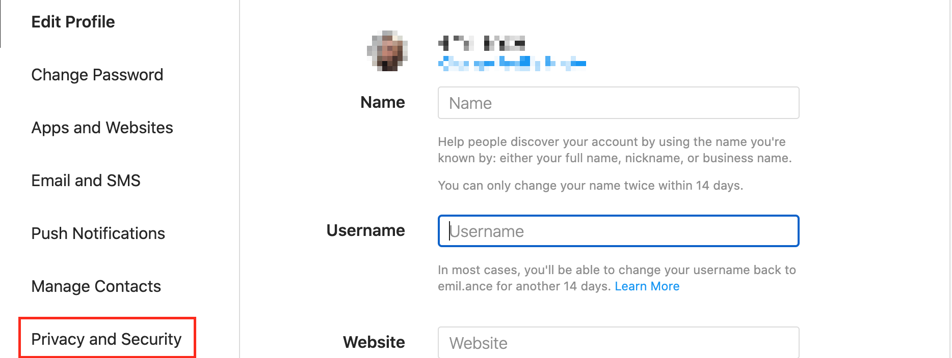 instagram privacy and security menu