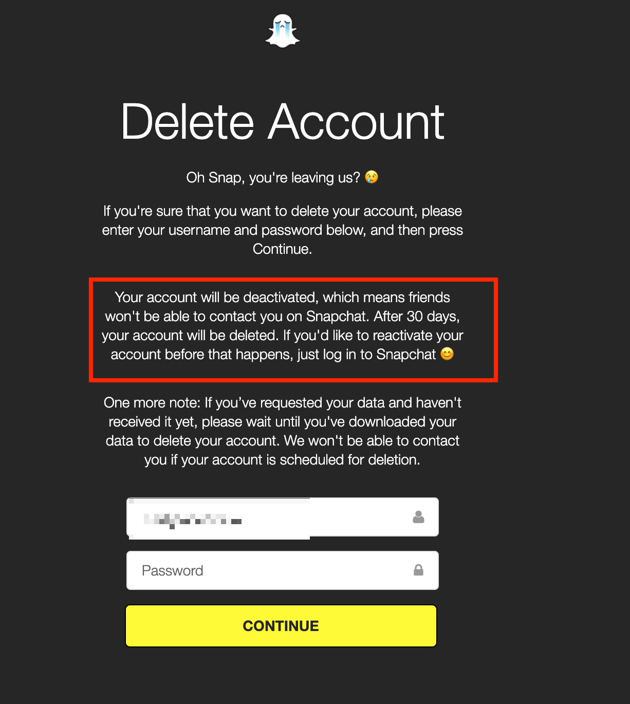 snapchat delete your account message 