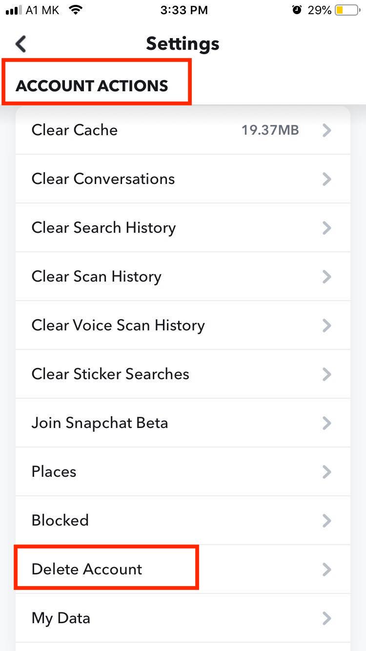 snapchat delete account option