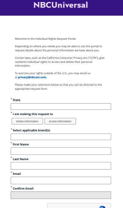 Form for submitting a request for Peacock account deletion