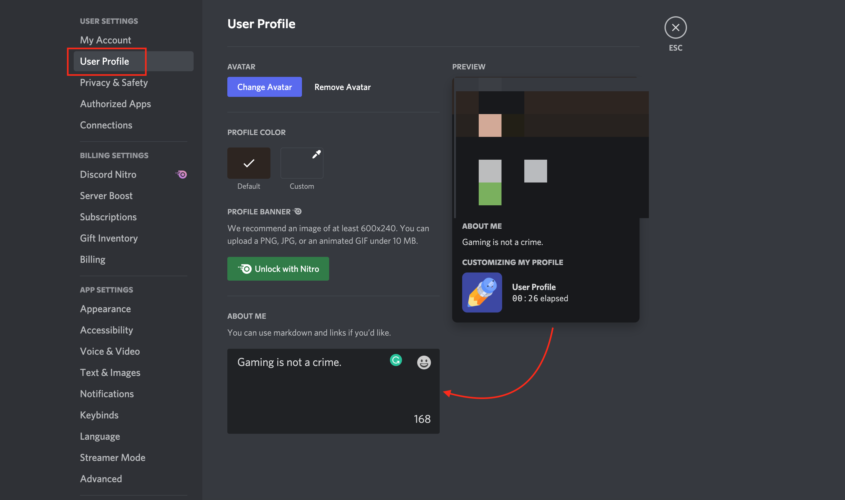 discord user profile menu about me section