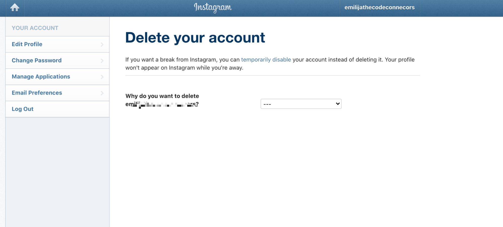 Instagram delete account page