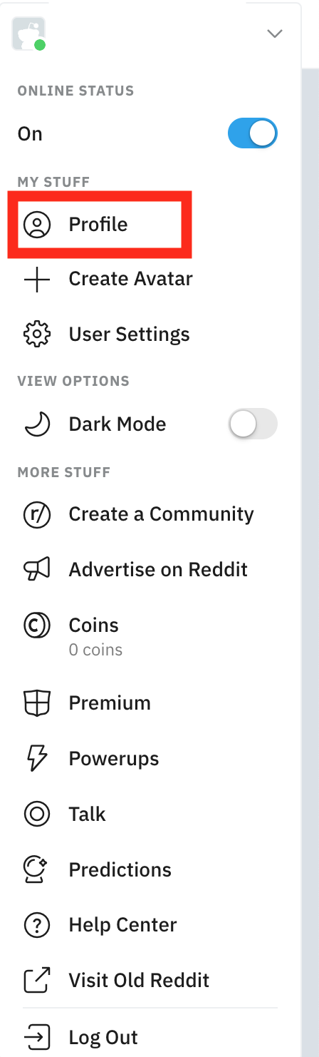 reddit profile menu