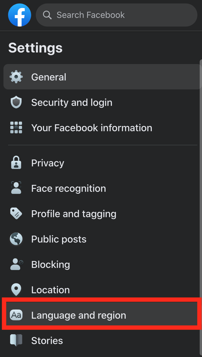 facebook language and region