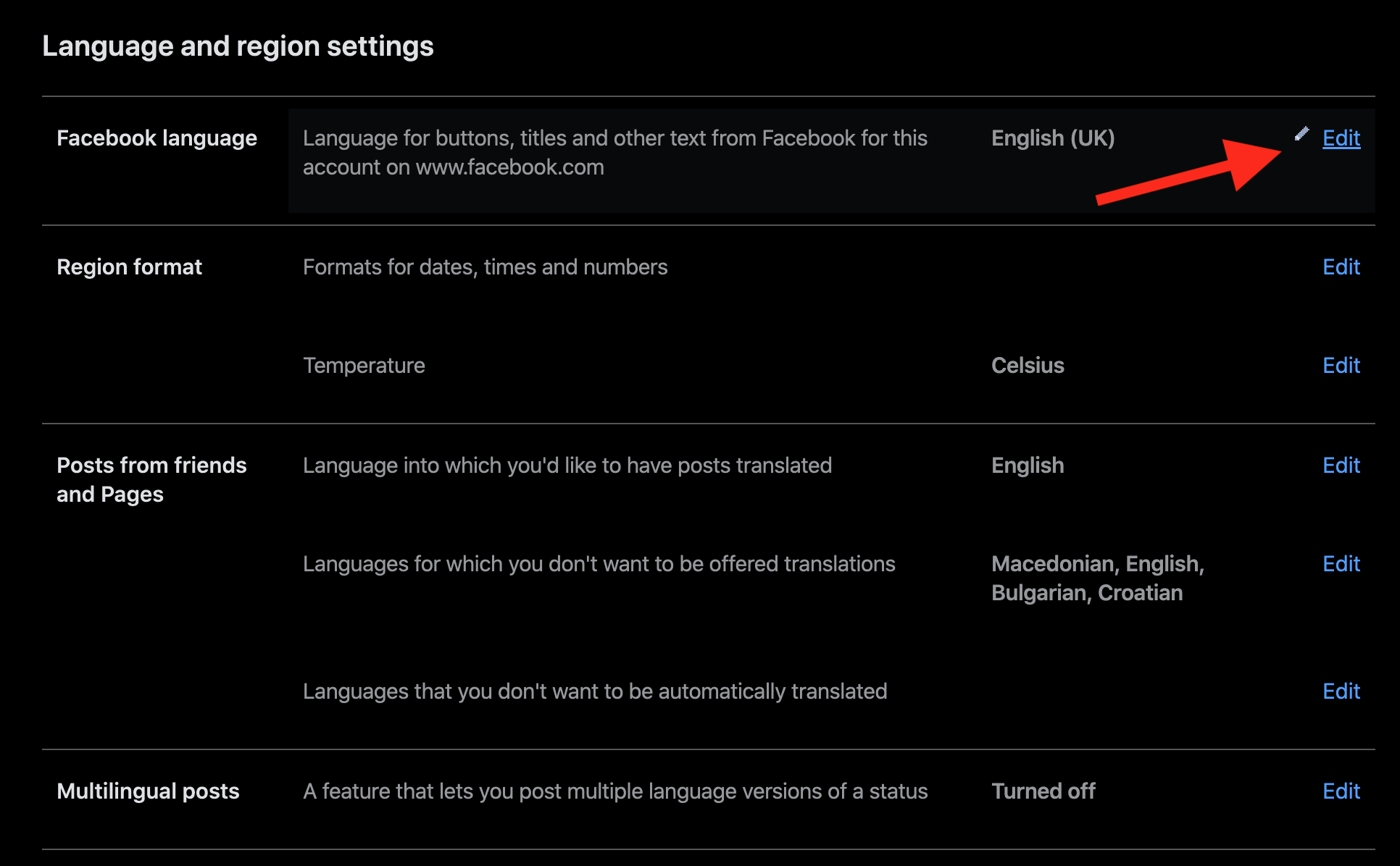 edit facebook language opton