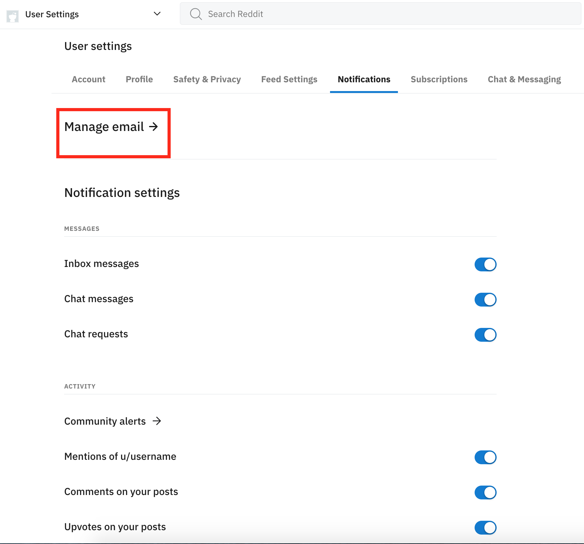 reddit manage email option