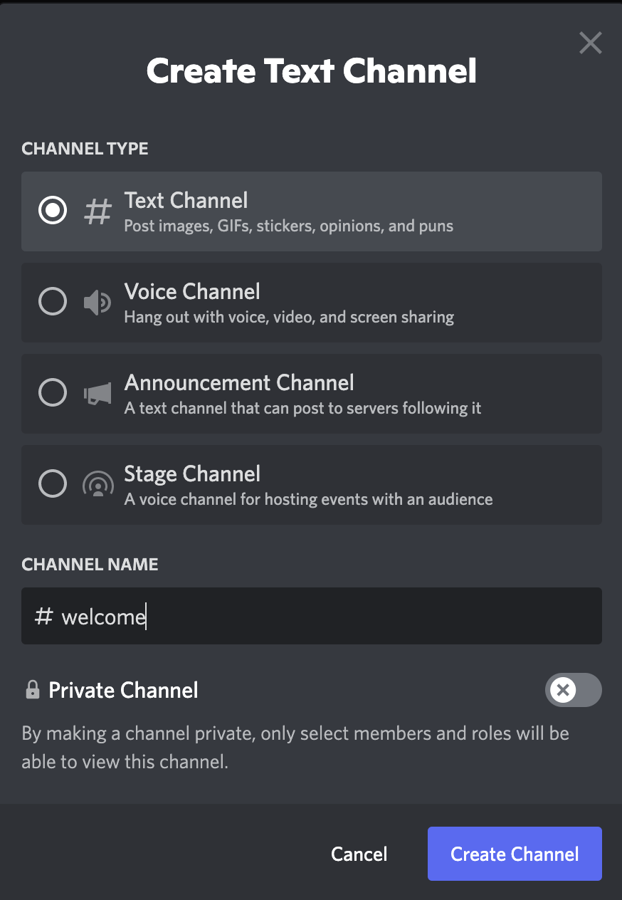 create text channel discord option