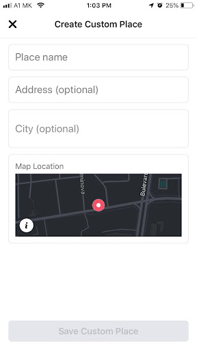 Fill in the fields for ‘Place name’ ‘Address’, and ‘City’, and then tap on ‘Save Custom Place’.