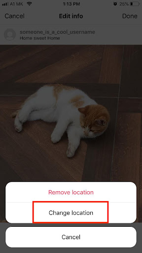 Tap on the location on your image. Select ‘Change location’.