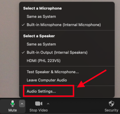 Click on the upward arrow next to the Zoom meeting controls for audio then select 'Audio settings'