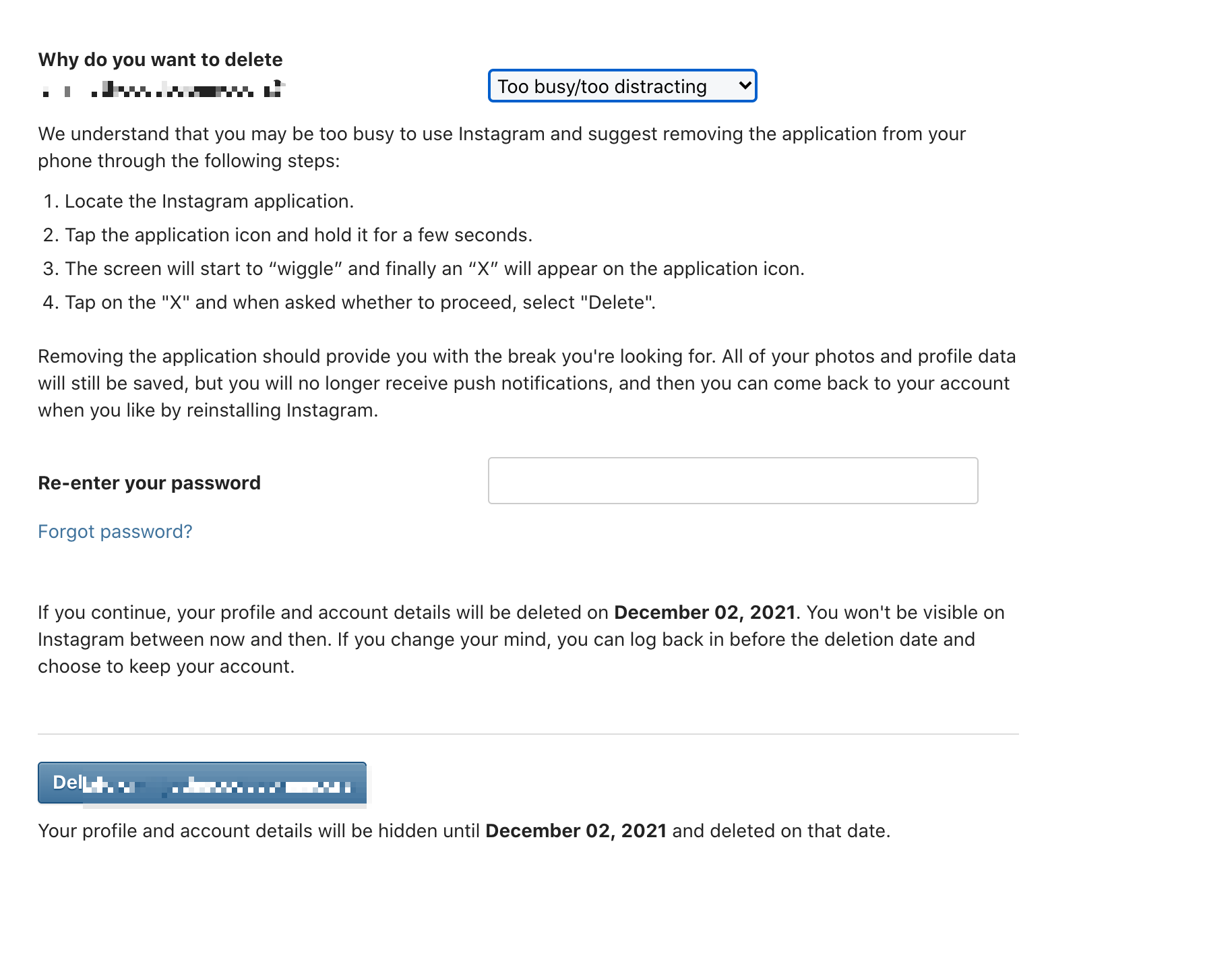 Instagram account deletion page