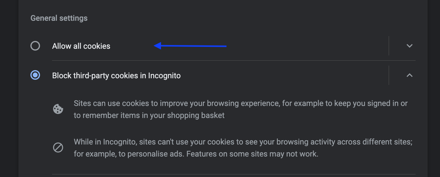 Allow all cookies - Google Chrome options
